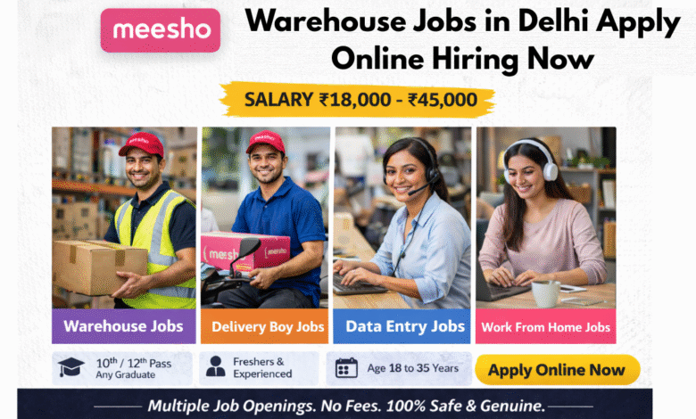 Apply for Meesho warehouse jobs in Delhi with salary ₹18,000 to ₹45,000, including data entry and packing roles